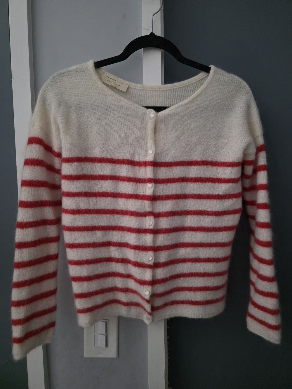 Sézane Cream Cardigan with Red Stripes